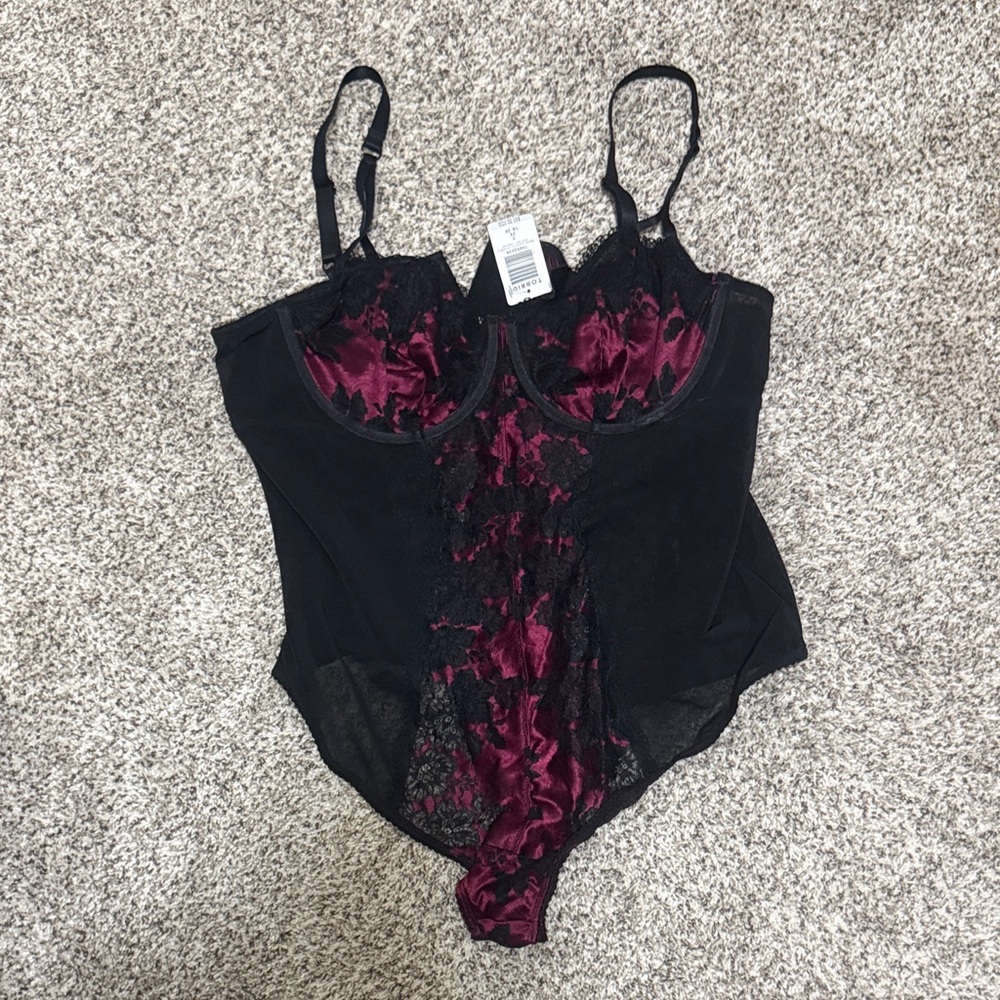Torrid Black and Maroon Lace Bodysuit